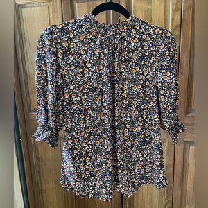 Boden Orange and White Ruffled Mandarin Collar Blouse